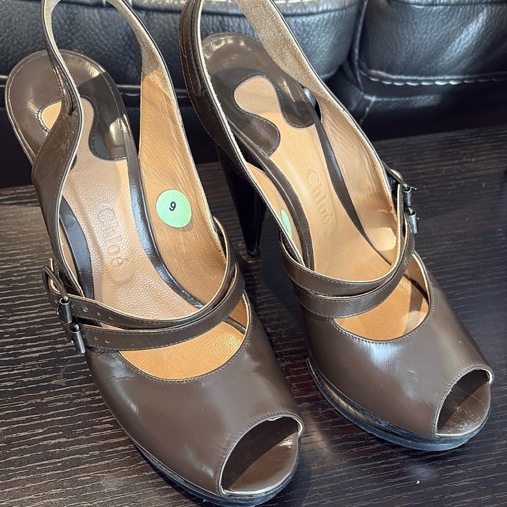 Authentic Chloe Leather Brown Slingback Heels Sophisticated Design